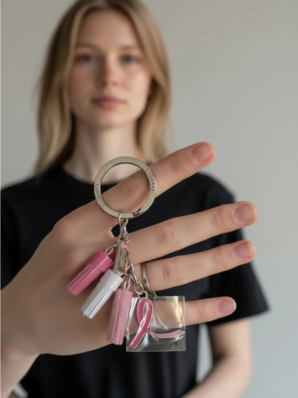 9/3 Clinique Silver Keyring with Pink Ribbon Charm and Pink Tassels